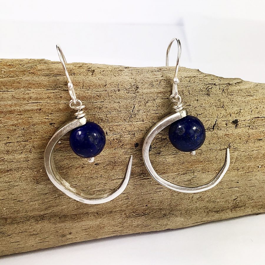 Fork Prong Moon Earrings with Lapis