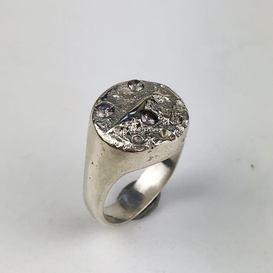 Silver moon signet ring, sand cast with stones in pace