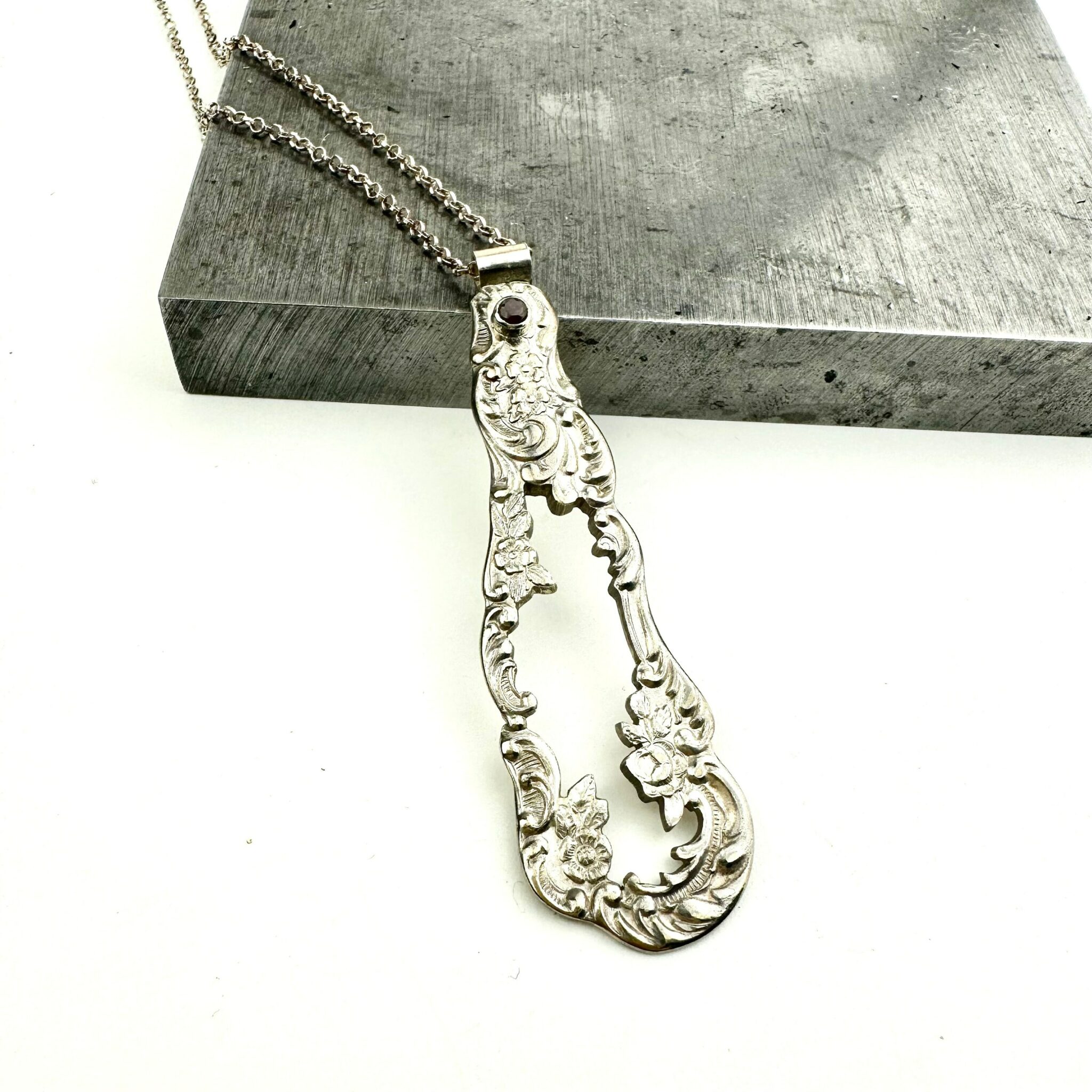 Vintage spoon Handle and Garnet Necklace - Image 2
