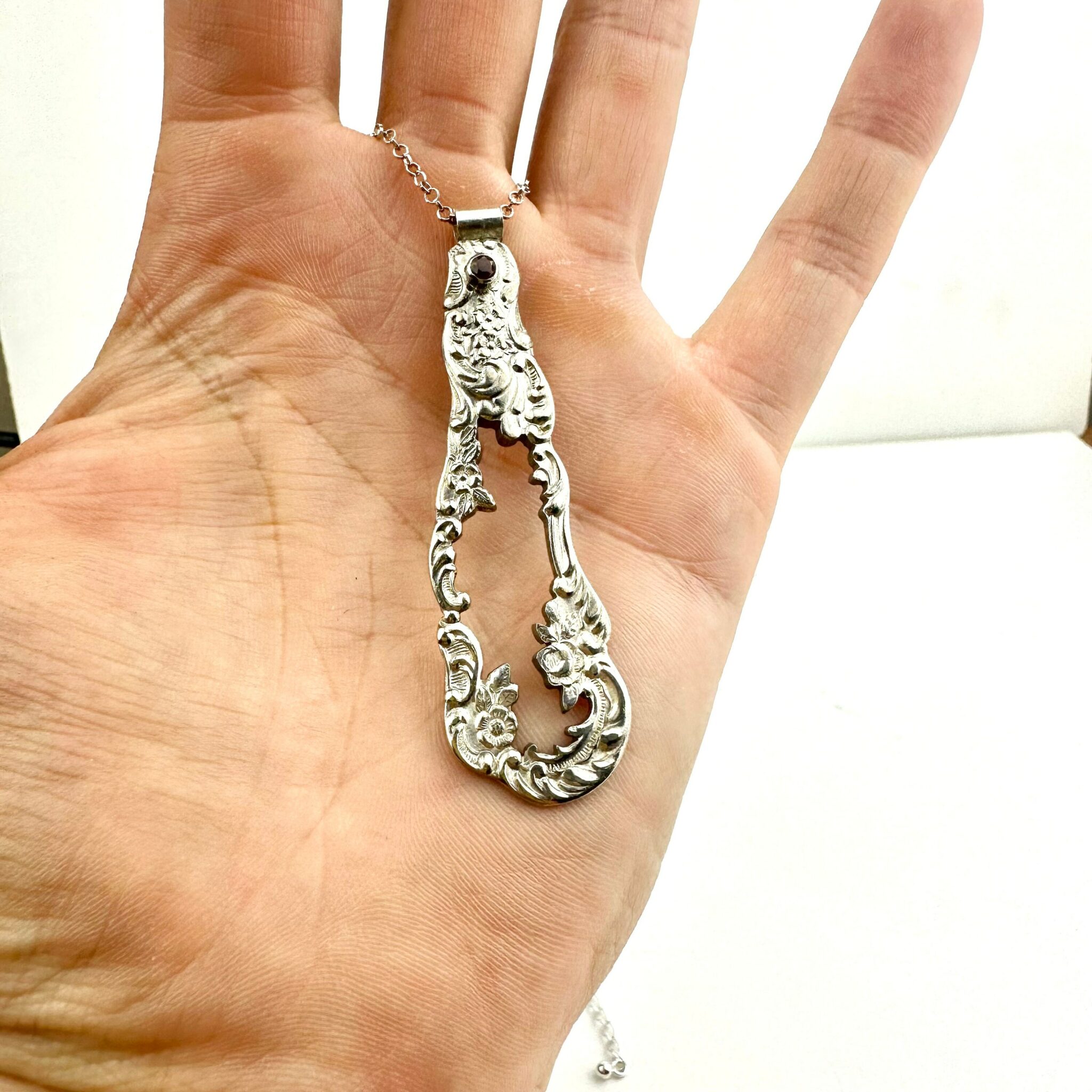Vintage spoon Handle and Garnet Necklace