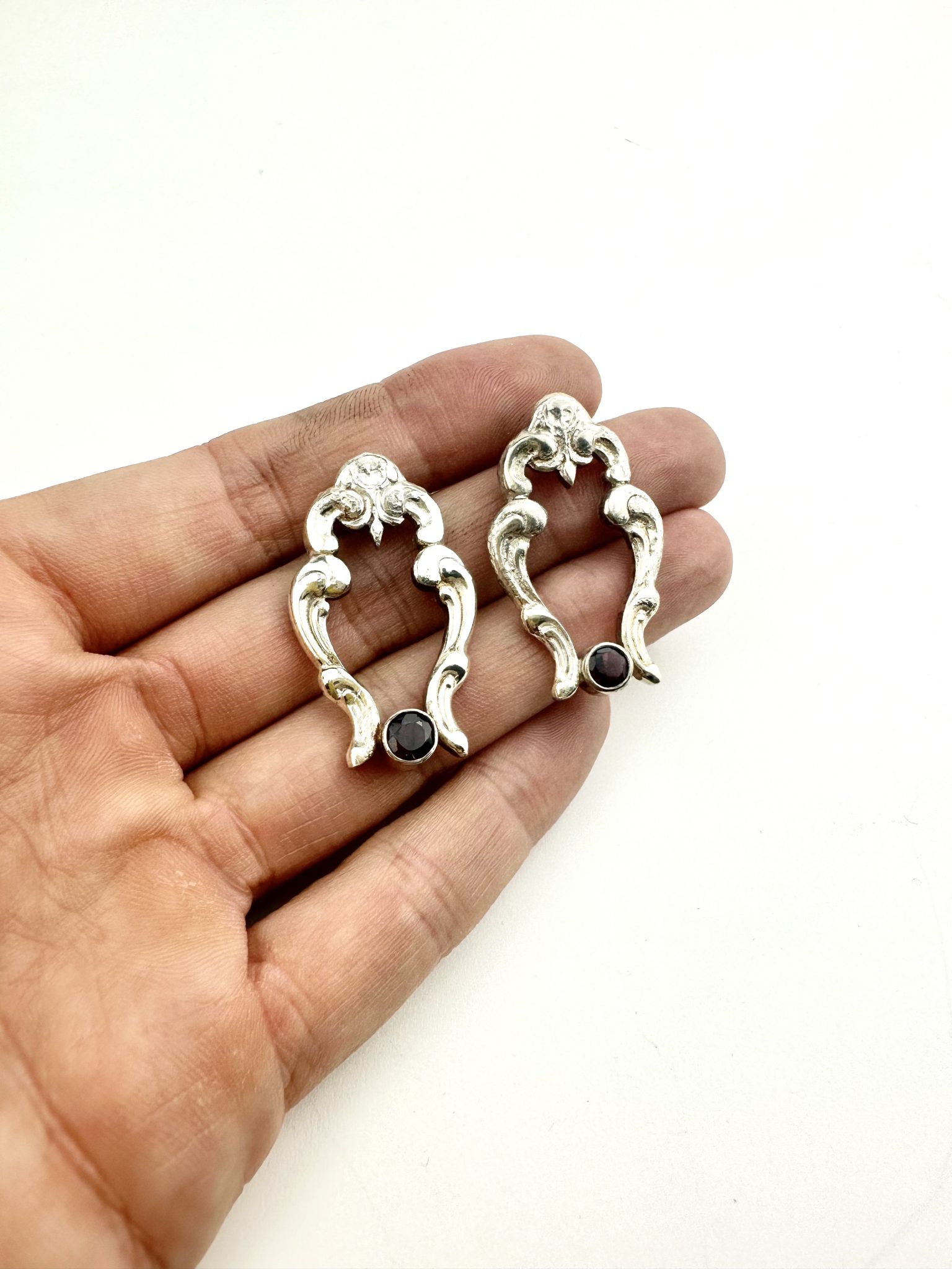 Open Garnet spoon earrings