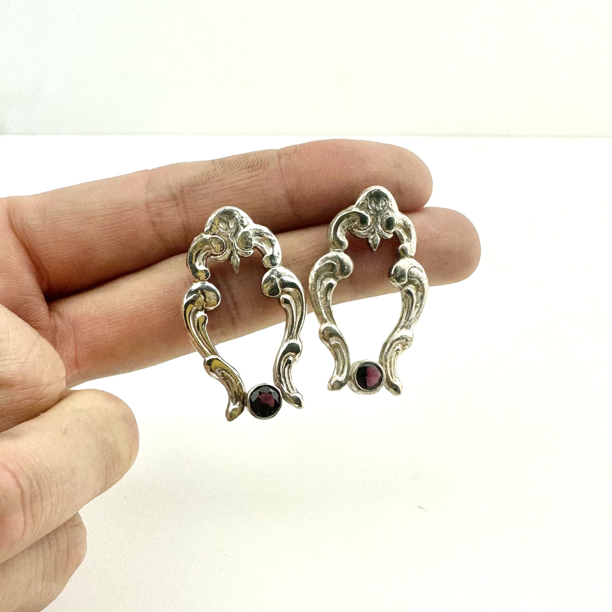 Open Garnet spoon earrings