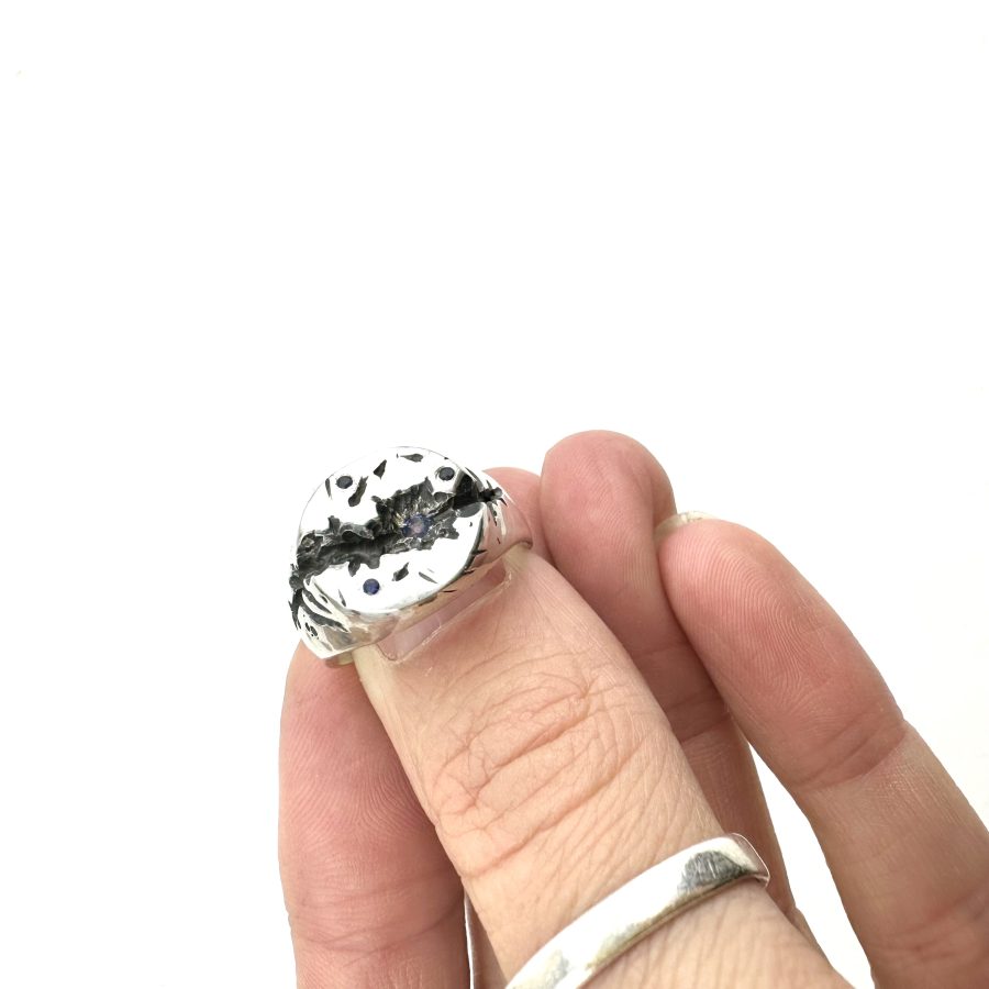 A sterling silver round signet ring, with a deep crevise handcared and scattered with sapphires.