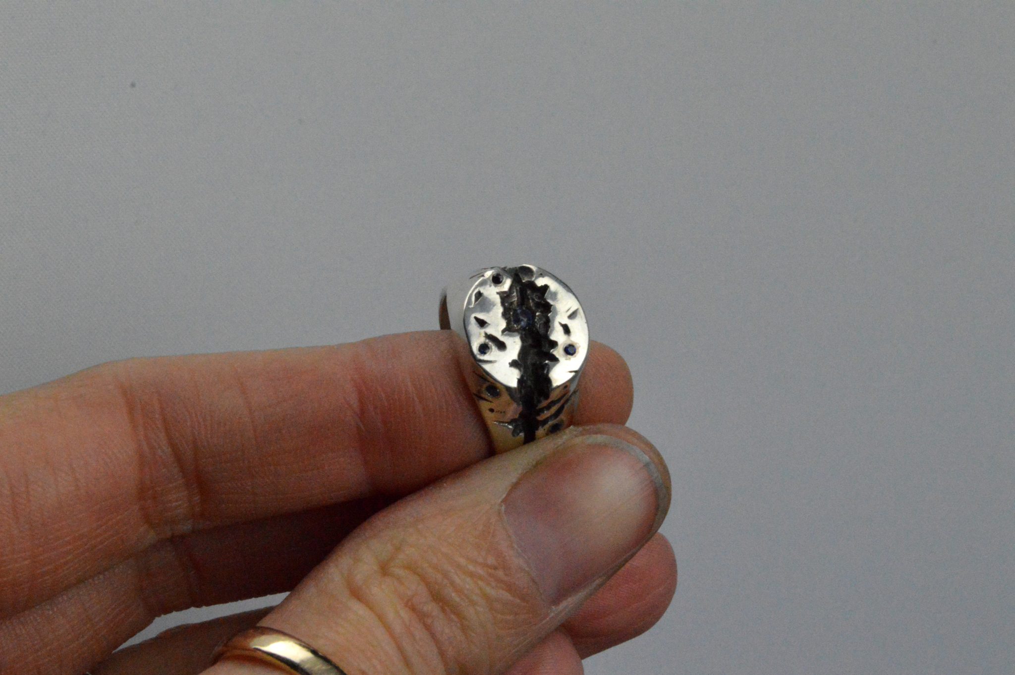A sterling silver round signet ring, with a deep crevise handcared and scattered with sapphires.