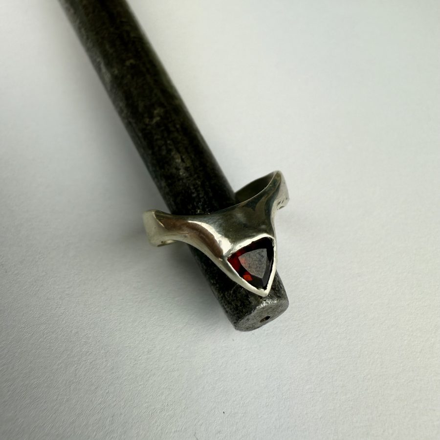 Medieval style handcarved sterling silver and mozambique garnet ring